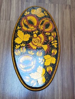 Floral Hand-Painted Decorative Tray in Black and Yellow